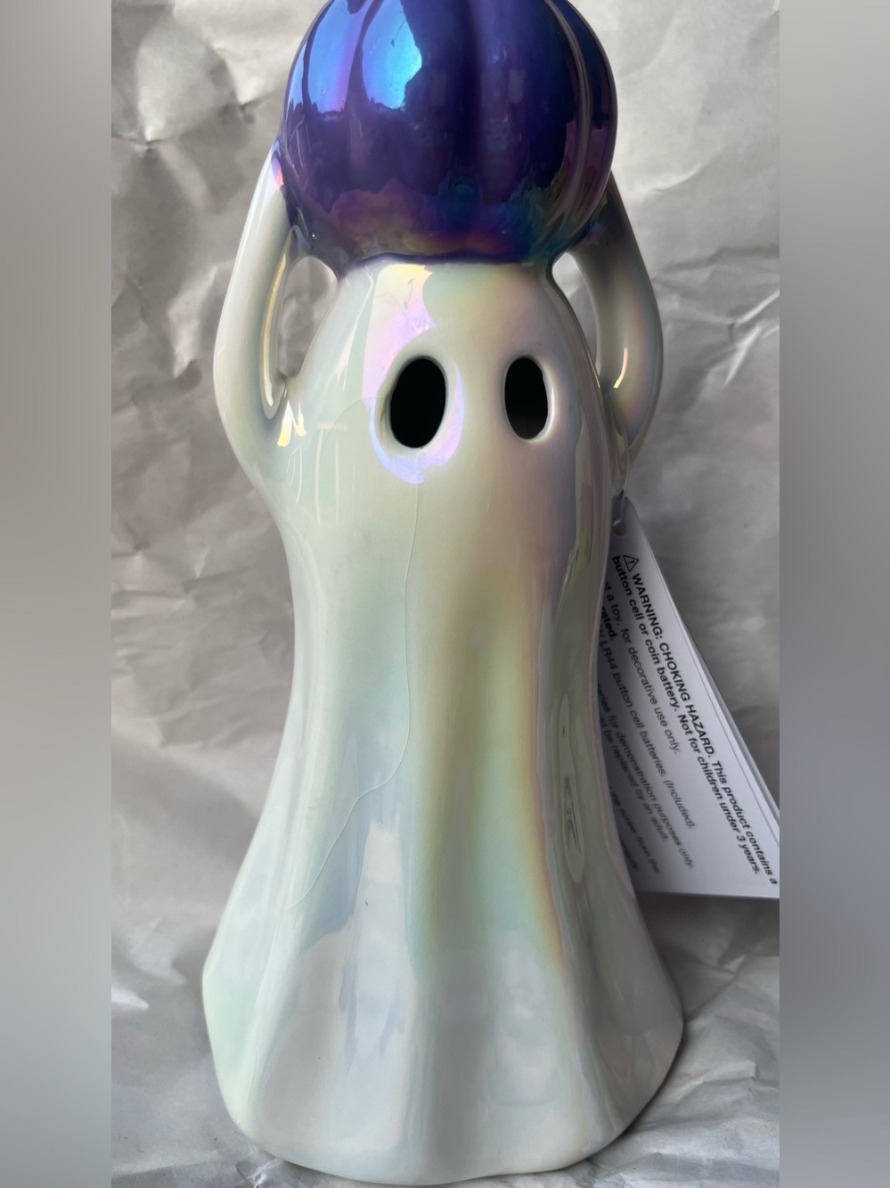 Iridescent Ceramic Ghost Sculpture with Purple Accent